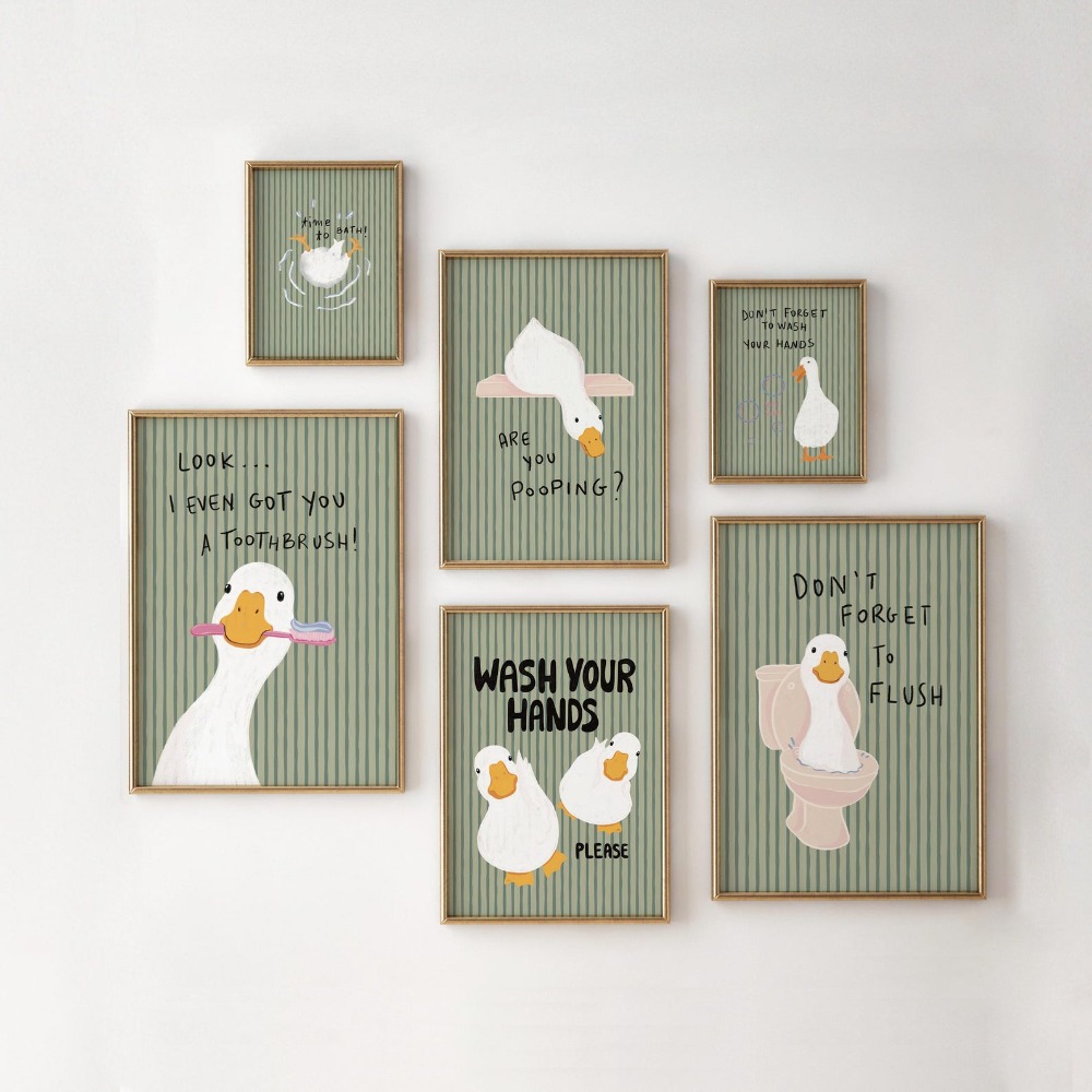 Photography Duck - Frameless Bathroom Wall Art,Green Striped Duck